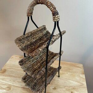 Vintage Wicker & Metal Wine Rack 3 Bottle Freestanding Rustic 15.5" Tall